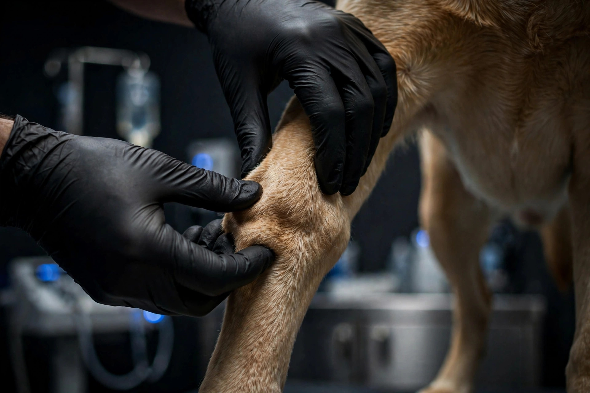 A veterinarian carefully examining the hind leg joint of a standing dog