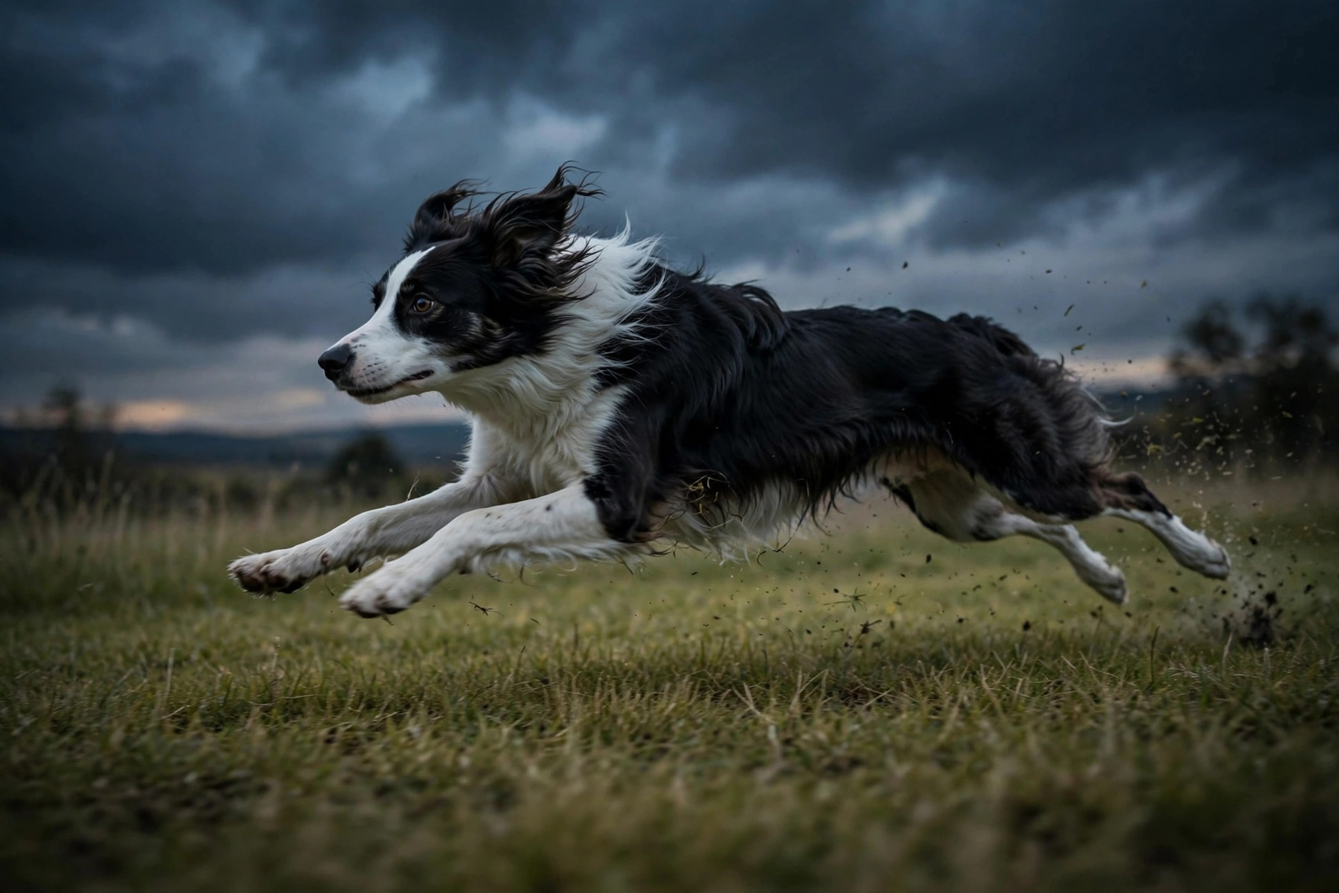 An athletic border collie sprinting across a field at dusk, all four legs extended
