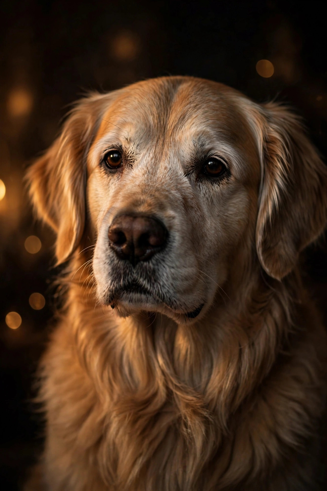 A senior golden retriever with a graying muzzle in warm low light